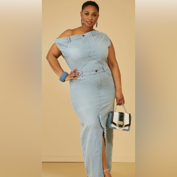 white christmas dresses Strapless Denim Paneled Maxi Dress – Ashley Stewart
